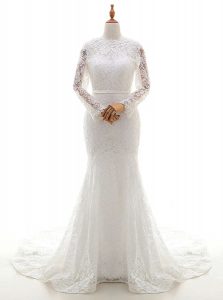 Stylish Mermaid Scalloped Long Sleeves Lace With Brush Train Zipper Bridal Gown in White with Lace
