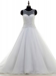 Latest Scoop Beading Wedding Gowns White Zipper Sleeveless With Train Sweep Train