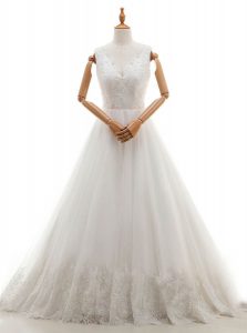 Modest Lace and Appliques Bridal Gown White Zipper Sleeveless With Train Court Train