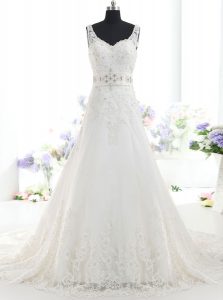 White Sleeveless Lace Brush Train Backless Wedding Gown for Wedding Party