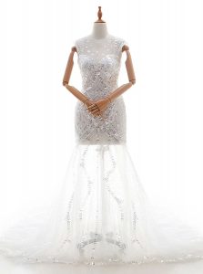 White Bridal Gown Wedding Party and For with Beading and Sequins V-neck Sleeveless Court Train Zipper