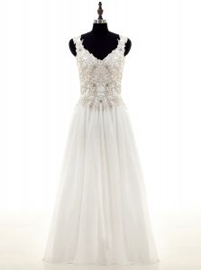 Best Chiffon V-neck Long Sleeves Lace Up Beading and Lace and Appliques Wedding Gown in White