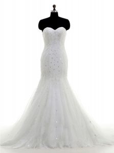 Mermaid Sweetheart Sleeveless Wedding Gown With Brush Train Beading and Lace White Tulle