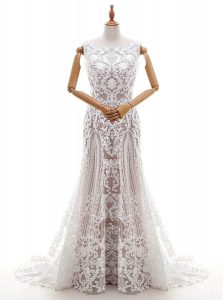 Popular Scalloped White Column/Sheath Appliques Bridal Gown Zipper Lace Sleeveless With Train