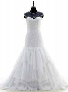 Graceful Scoop Short Sleeves Wedding Dresses With Brush Train Beading and Lace White Chiffon and Lace