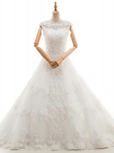 Discount White Tulle Clasp Handle Scoop Sleeveless With Train Wedding Gown Brush Train Appliques