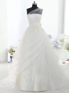Enchanting White Wedding Gowns Wedding Party and For with Lace and Hand Made Flower One Shoulder Sleeveless Brush Train 