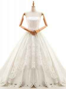Exceptional White Satin Lace Up Strapless Sleeveless With Train Wedding Gown Cathedral Train Appliques