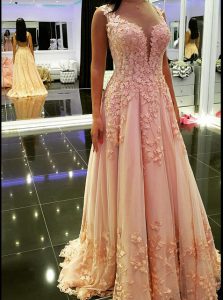Peach Prom Dress Prom and Party and For with Appliques V-neck Sleeveless Backless