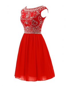 Attractive Scoop Red Zipper Prom Dresses Beading Sleeveless Mini Length