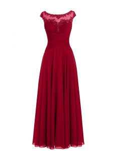 Scoop Floor Length Wine Red Prom Dress Chiffon Cap Sleeves Appliques