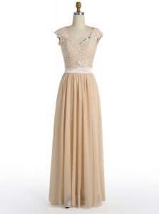 Smart A-line Prom Party Dress Champagne V-neck Chiffon Cap Sleeves Floor Length Side Zipper
