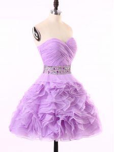 Mini Length Lavender Prom Gown Organza Sleeveless Beading and Ruching