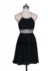 High Quality Black Chiffon Zipper Halter Top Sleeveless Mini Length Prom Party Dress Beading