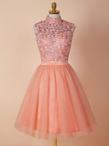 Edgy Peach A-line Appliques Cocktail Dresses Backless Organza Sleeveless Knee Length