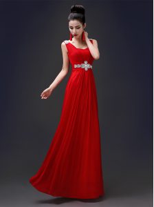 Square Red Chiffon Zipper Dress for Prom Sleeveless Floor Length Beading