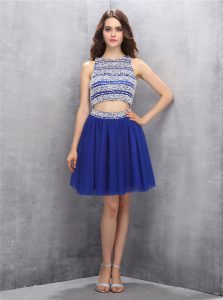 Scoop Backless Royal Blue Sleeveless Beading Knee Length Prom Party Dress