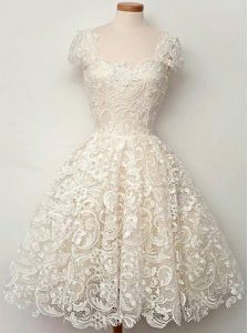 Lace Scoop Cap Sleeves Zipper Lace Dress for Prom in White