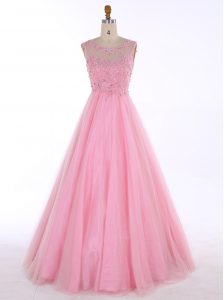 Scoop Beading and Appliques Dress for Prom Baby Pink Backless Sleeveless Floor Length