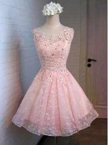 Scoop Pink Lace Lace Up Celeb Inspired Gowns Sleeveless Mini Length Appliques