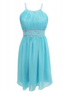 Popular Halter Top Aqua Blue A-line Beading Prom Dress Criss Cross Chiffon Sleeveless Knee Length