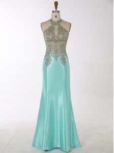 Sophisticated Mermaid Aqua Blue Sleeveless Floor Length Beading Zipper Prom Evening Gown
