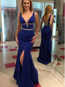 Mermaid Sleeveless Floor Length Beading Backless Prom Party Dress with Royal Blue