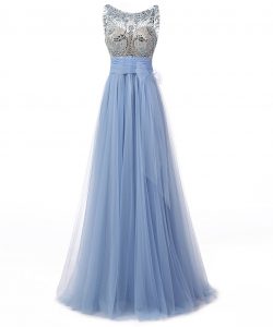 Scoop Backless Tulle Sleeveless Floor Length Dress for Prom and Beading and Bowknot