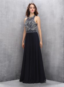 Charming Halter Top Floor Length A-line Sleeveless Black Prom Gown Backless