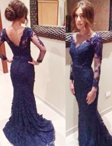 Customized Mermaid Lace Prom Gown Navy Blue Backless Long Sleeves Court Train