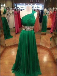 Most Popular One Shoulder Green Sleeveless Chiffon Brush Train Backless for Prom and Party