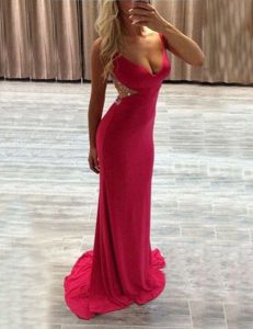 Hot Pink Zipper V-neck Beading Prom Evening Gown Elastic Woven Satin Sleeveless Brush Train