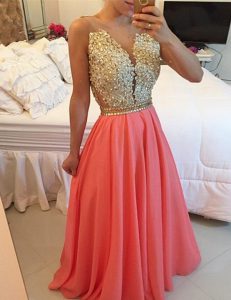 Hot Sale Watermelon Red Chiffon Backless Sleeveless Floor Length Beading and Appliques