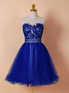 Royal Blue Tulle Zipper Sweetheart Sleeveless Knee Length Cocktail Dresses Beading and Appliques
