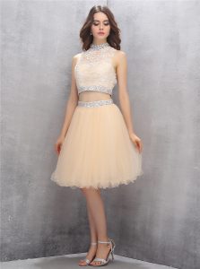 Customized High-neck Sleeveless Tulle Prom Party Dress Beading and Embroidery Zipper