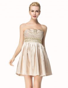 Elegant Satin Strapless Sleeveless Side Zipper Beading and Pleated Prom Dresses in Champagne