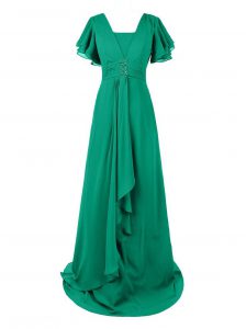 Luxury Green A-line V-neck Short Sleeves Chiffon With Train Sweep Train Zipper Beading and Ruching Evening Dress