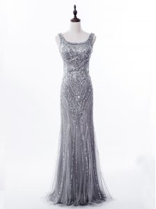Customized Mermaid Sequins Square Sleeveless Brush Train Zipper Prom Evening Gown Grey Satin and Tulle