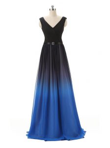 Blue And Black A-line Belt Evening Dress Zipper Chiffon and Tulle Sleeveless Floor Length