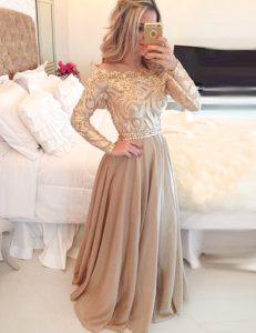 Suitable Brown Prom Evening Gown Prom and For with Beading and Lace Scoop Long Sleeves Zipper