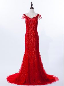 Graceful Red Mermaid Scoop Cap Sleeves Lace Brush Train Zipper Beading and Appliques Celebrity Dresses