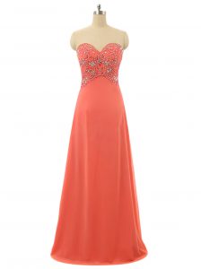Watermelon Red A-line Beading Prom Gown Lace Up Chiffon Sleeveless Floor Length