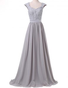 Popular Scoop Floor Length Grey High School Pageant Dress Chiffon Cap Sleeves Lace and Pleated