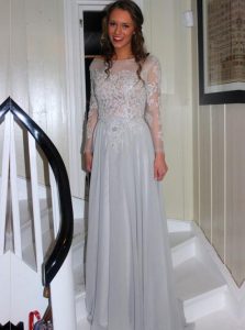 High Class Long Sleeves Floor Length Backless Celebrity Style Dress Grey for Prom and Party with Appliques