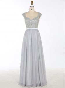 Sleeveless Chiffon Floor Length Zipper Prom Evening Gown in Grey with Beading and Appliques