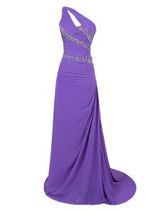 One Shoulder Zipper Prom Party Dress Purple for Prom and Party with Beading Brush Train