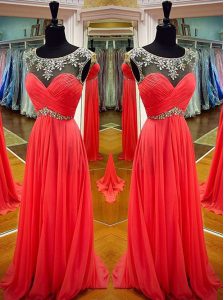 Smart Scoop Floor Length A-line Sleeveless Coral Red Evening Gowns Backless