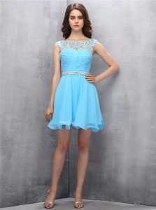 Smart Scoop Sleeveless Knee Length Beading Zipper Dress for Prom with Baby Blue