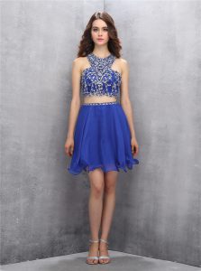Sumptuous Scoop Sleeveless Knee Length Beading Criss Cross Prom Dresses with Royal Blue