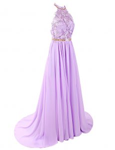 Backless Chiffon Sleeveless With Train Prom Evening Gown Brush Train and Lace